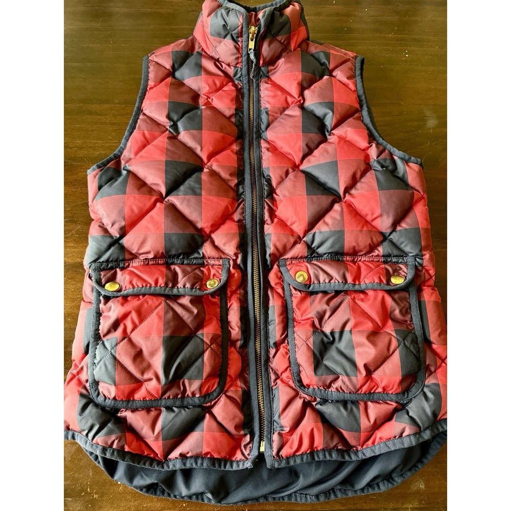 J. Crew Excursion Quilted Puffer Vest Red Black Plaid Down Fill XS